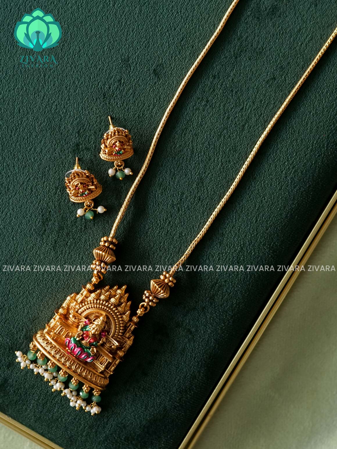 VISHALI HANDPAINTED TEMPLE PENDANT BALL CHAIN - Traditional NORMAL MATTE polish MIDCHEST haaram/neckwear with earrings- Zivara Fashion