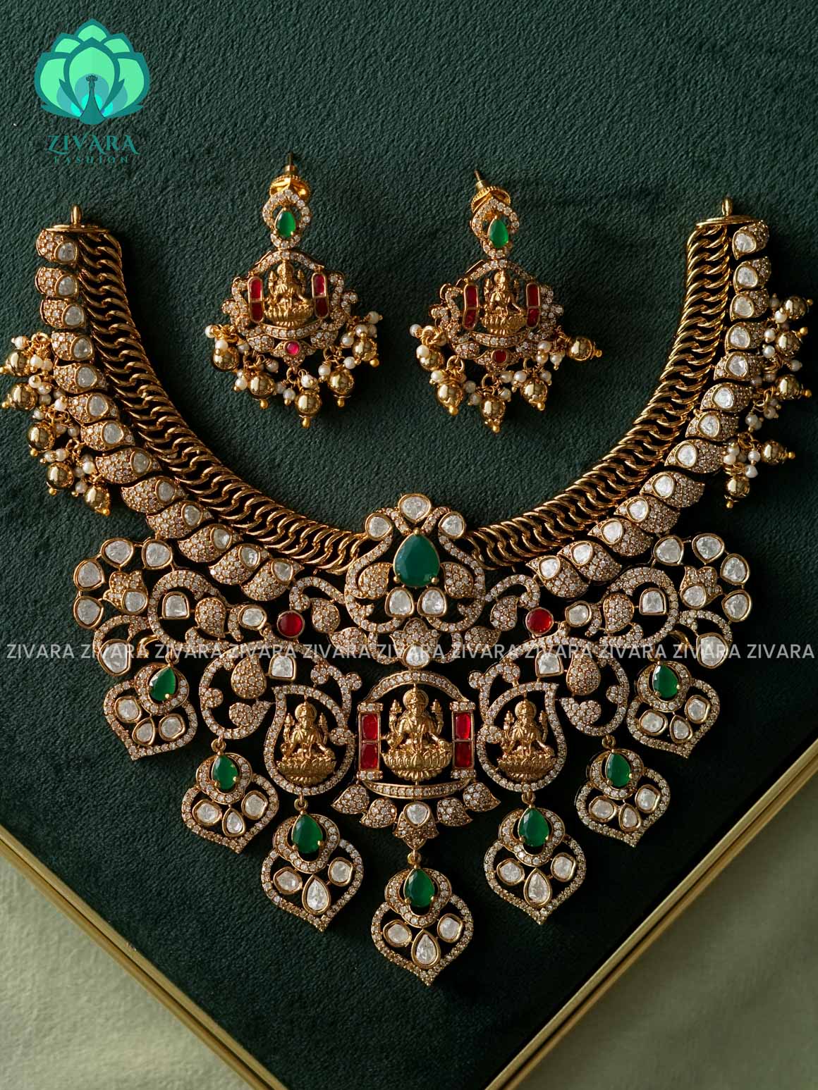 AKSHAYAM - GRAND BRIDAL JADAU POLKI STONE - Traditional south indian premium neckwear with earrings- Zivara Fashion- latest jewellery design