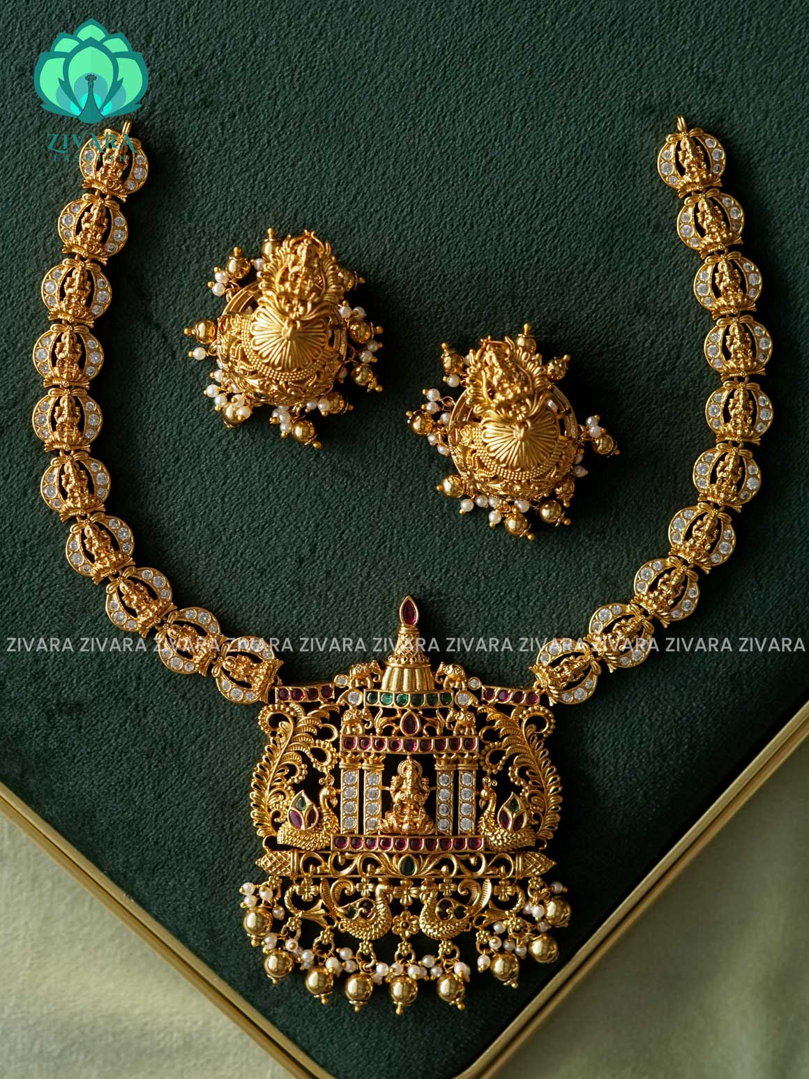 AKSHAYAM -TEMPLE VINTAGE  BRIDAL NECKWEAR WITH GREEN BEADS HANGINGS  - Traditional south indian premium neckwear with earrings- Zivara Fashion- latest jewellery design
