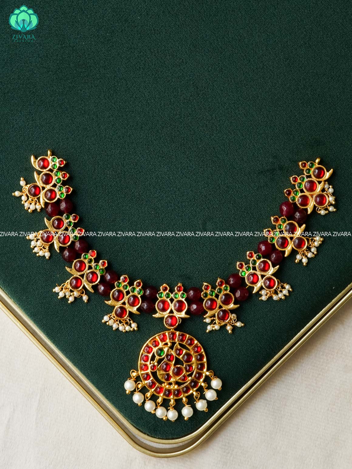 RED AND GREEN  - MANGO HANGING WITH PEACOCK PENTANT- HANDMADE NECKWEAR - latest kemp dance jewellery collection