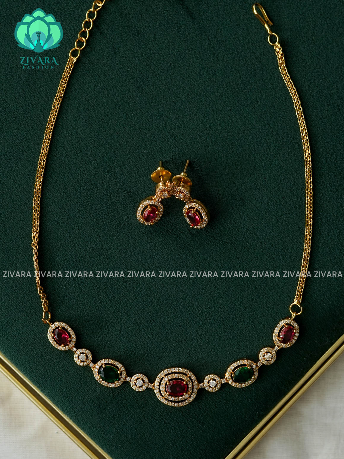 RUBY GREEN  FLEXIBLE CHAIN WITH OVEL MOTIF FREE  -Traditional south indian premium neckwear with earrings- Zivara Fashion- latest jewellery design