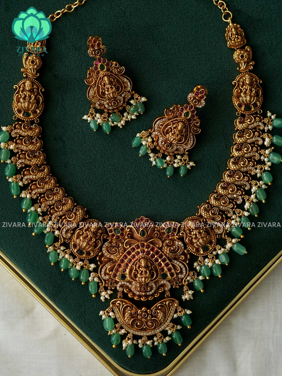 AKSHAYAM - TEMPLE  NECKWEAR WITH GREEN BEADS HANGINGS -Traditional south indian premium neckwear - Zivara Fashion- latest jewellery design