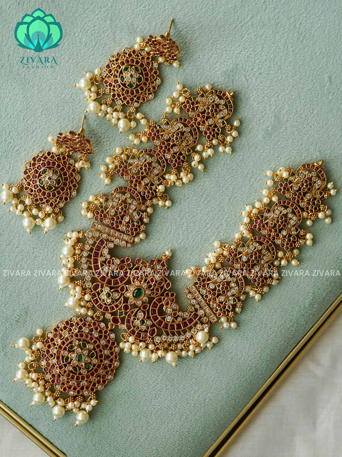 REAL KEMP PEACOCK NECKWEAR WITH HANGINGS - Traditional south indian premium neckwear with earrings- Zivara Fashion- latest jewellery design