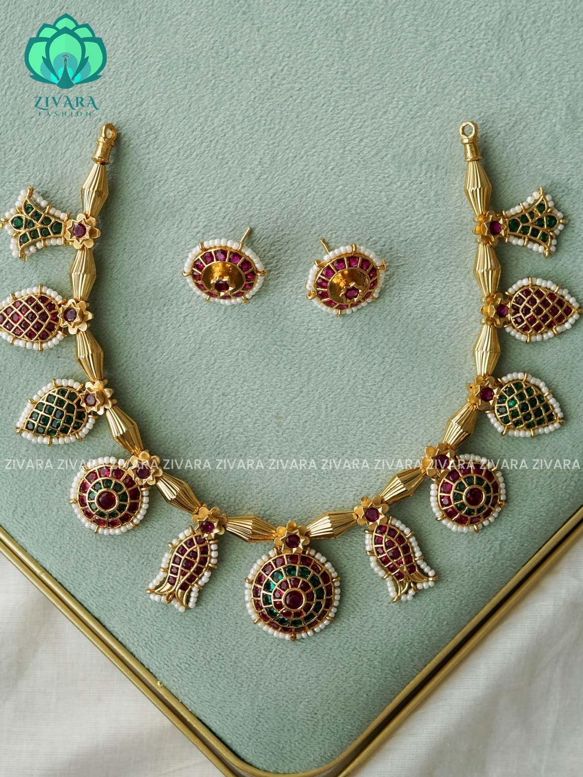 REAL KEMP RUBY GREEN FISH MOTIF NECKWEAR - Traditional south indian premium neckwear with earrings  - Zivara Fashion- latest jewellery design