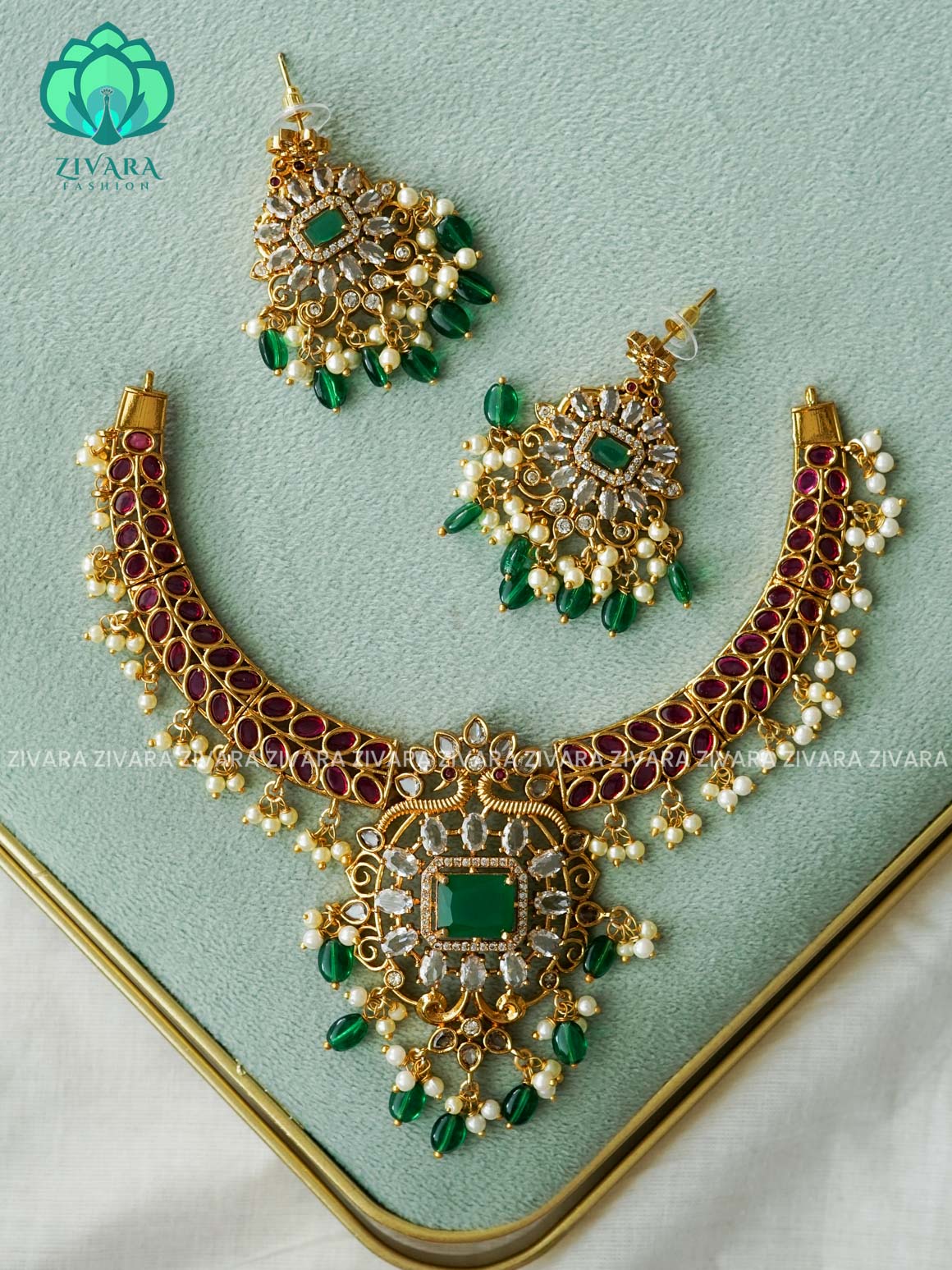 AKSHAYAM - REAL KEMP BRIDAL HASLI  neckwear with earrings- Zivara Fashion