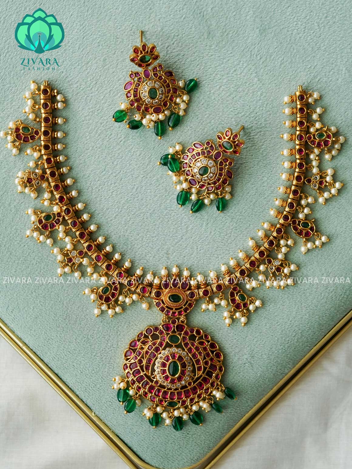 AKSHAYAM - REAL KEMP GUTTAPUSALU neckwear with green beads hangings  with earrings- Zivara Fashion