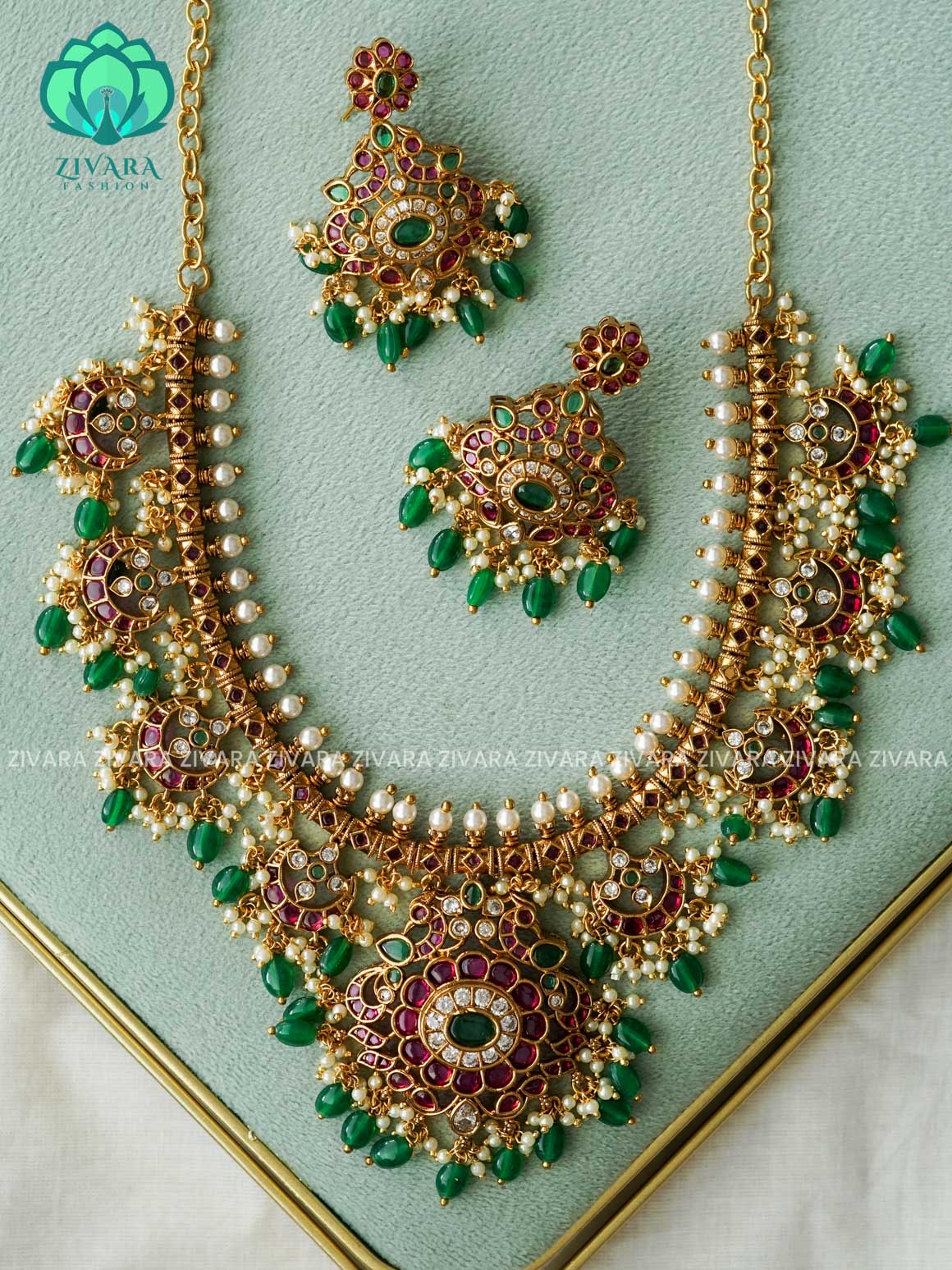 REAL KEMP PEACOCK NECKWEAR WITH HANGINGS - Traditional south indian premium neckwear with earrings- Zivara Fashion- latest jewellery design