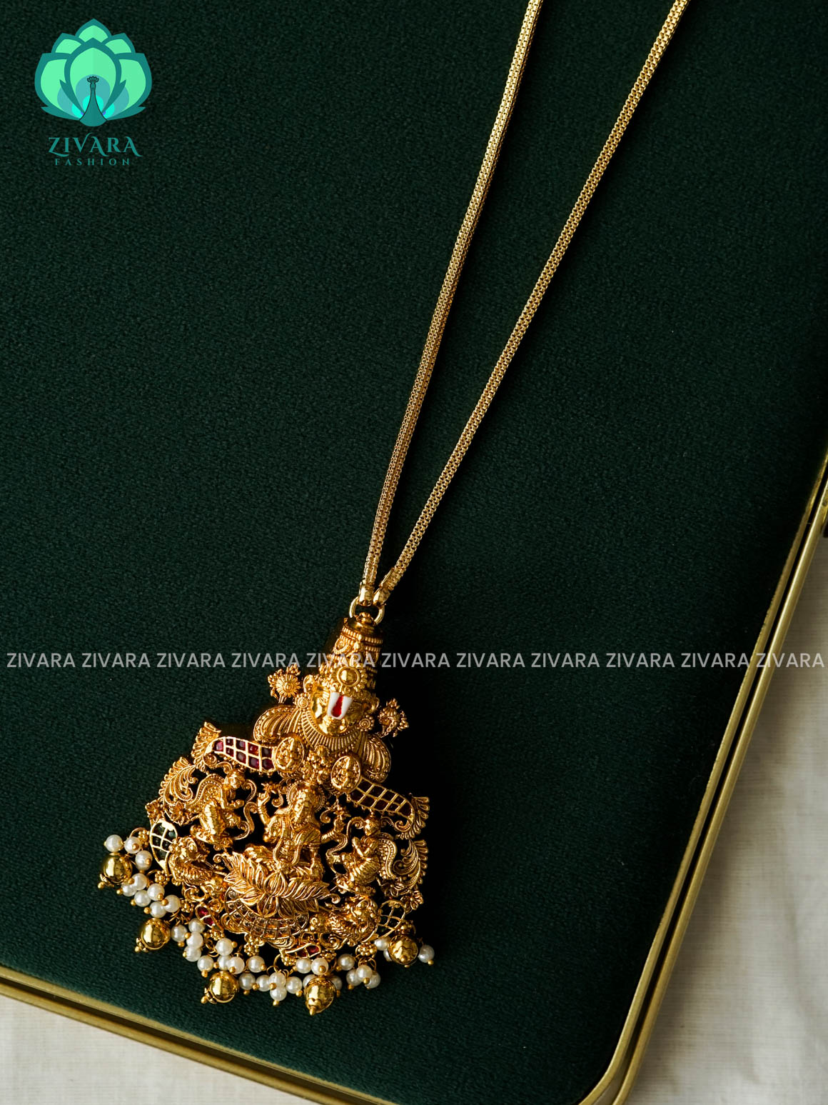 VINTAGE TEMPLE THIRUMAL  PENDANT WITH CHAIN - Traditional PREMIUM MATTE polish MIDCHEST neckwear with earrings- Zivara Fashion