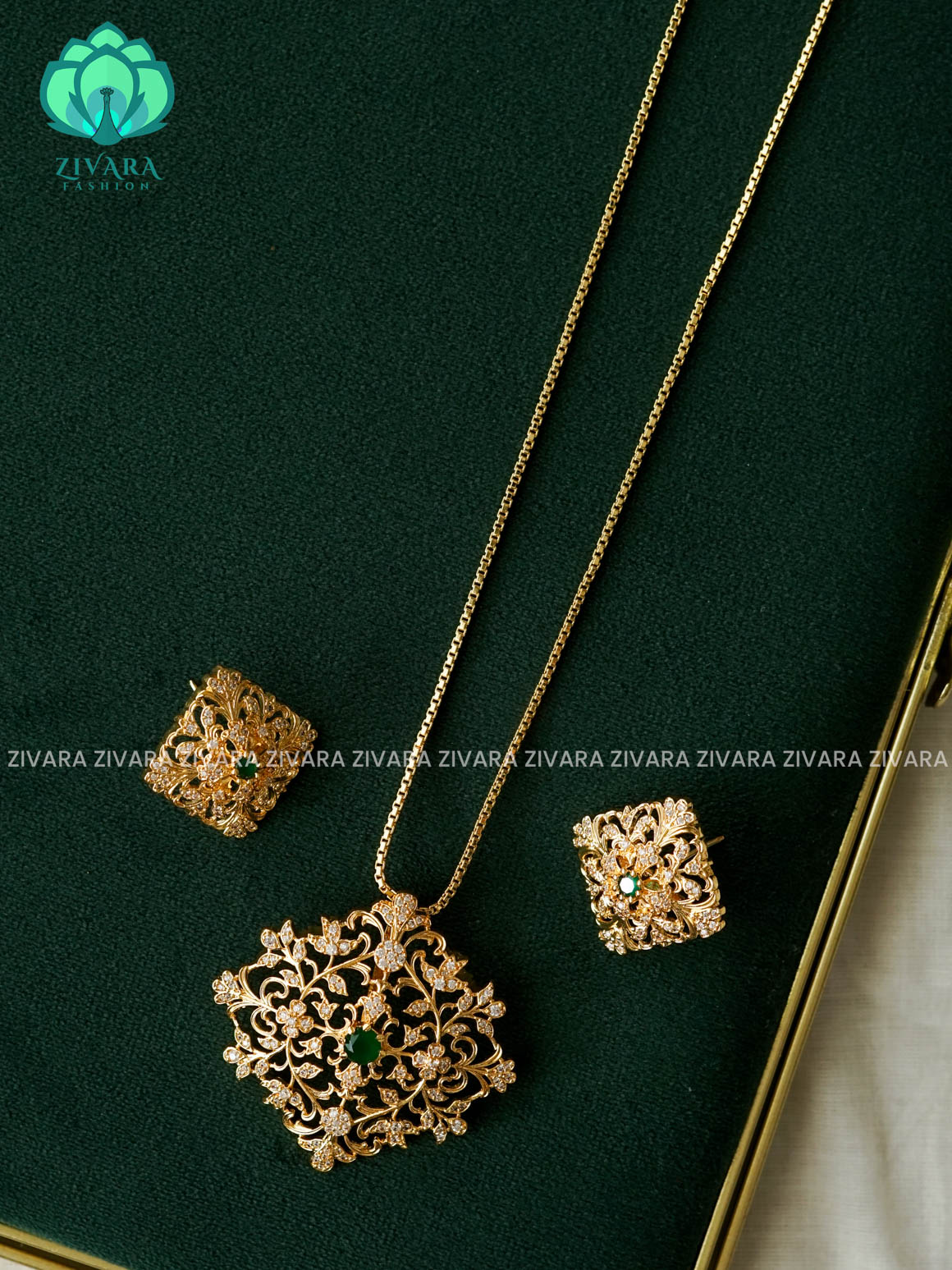 GREEN PENTANT WITH CHAIN ( CHAIN COMPLIMENTARY)  -Trending office wear jewellery-Zivara fashion
