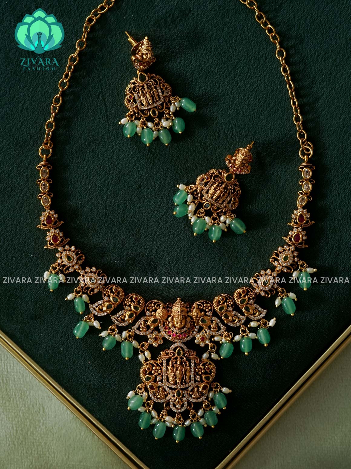 Akshayam- TIRUMAL & RAM PARIVAR peacock neckwear WITH GREEN BEADS HANGINGS -Traditional south indian premium neckwear with earrings- Zivara Fashion- latest jewellery design