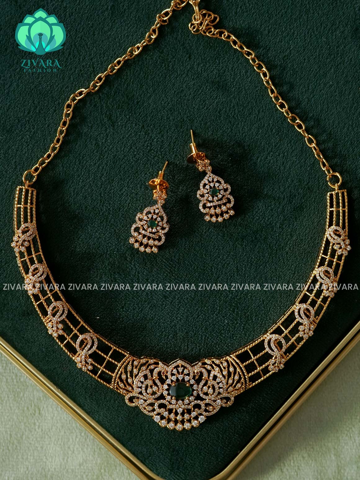 GREEN  - PEACOCK BRIDAL  HASLI  - stylish and minimal elegant neckwear with earrings- Zivara Fashion