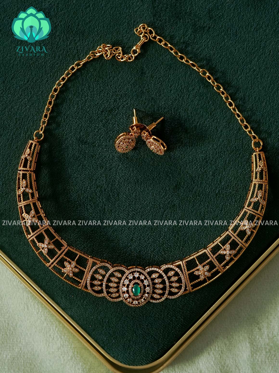 GREEN  - BRIDAL  HASLI  - stylish and minimal elegant neckwear with earrings- Zivara Fashion