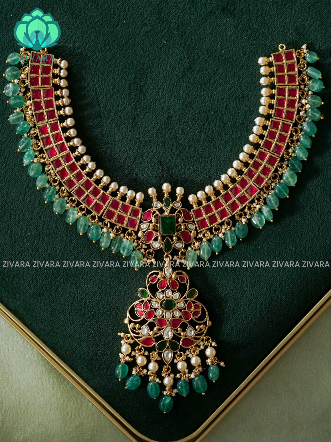 AKSHAYAM - JADAU BRIDAL NECKWEAR WITH GREEN BEADS HANGINGS -Traditional south indian premium neckwear withOUT studs - Zivara Fashion- latest jewellery design