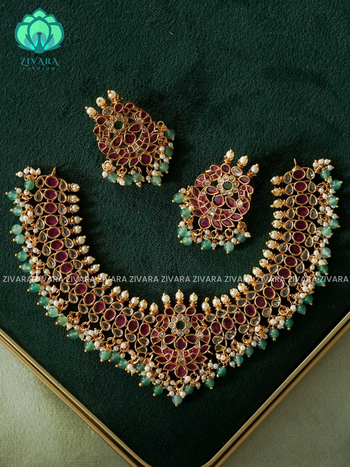 BRIDAL PEACOCK REAL KEMP STONE NECKWEAR WITH HANGINGS -TRADITIONAL CHOKER COLLECTION WITH EARRINGS- LATEST JEWELLERY COLLECTION