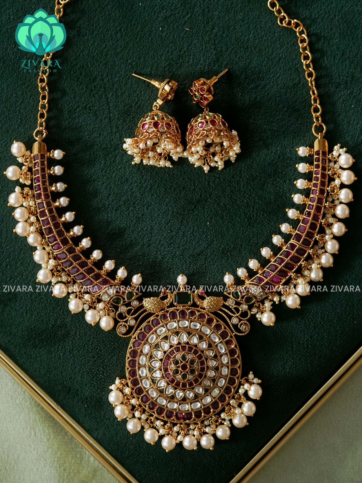 BIG BUTTA  REAL KEMP PEACOCK HASLI  -Traditional south indian premium neckwear with earrings- Zivara Fashion- latest jewellery design
