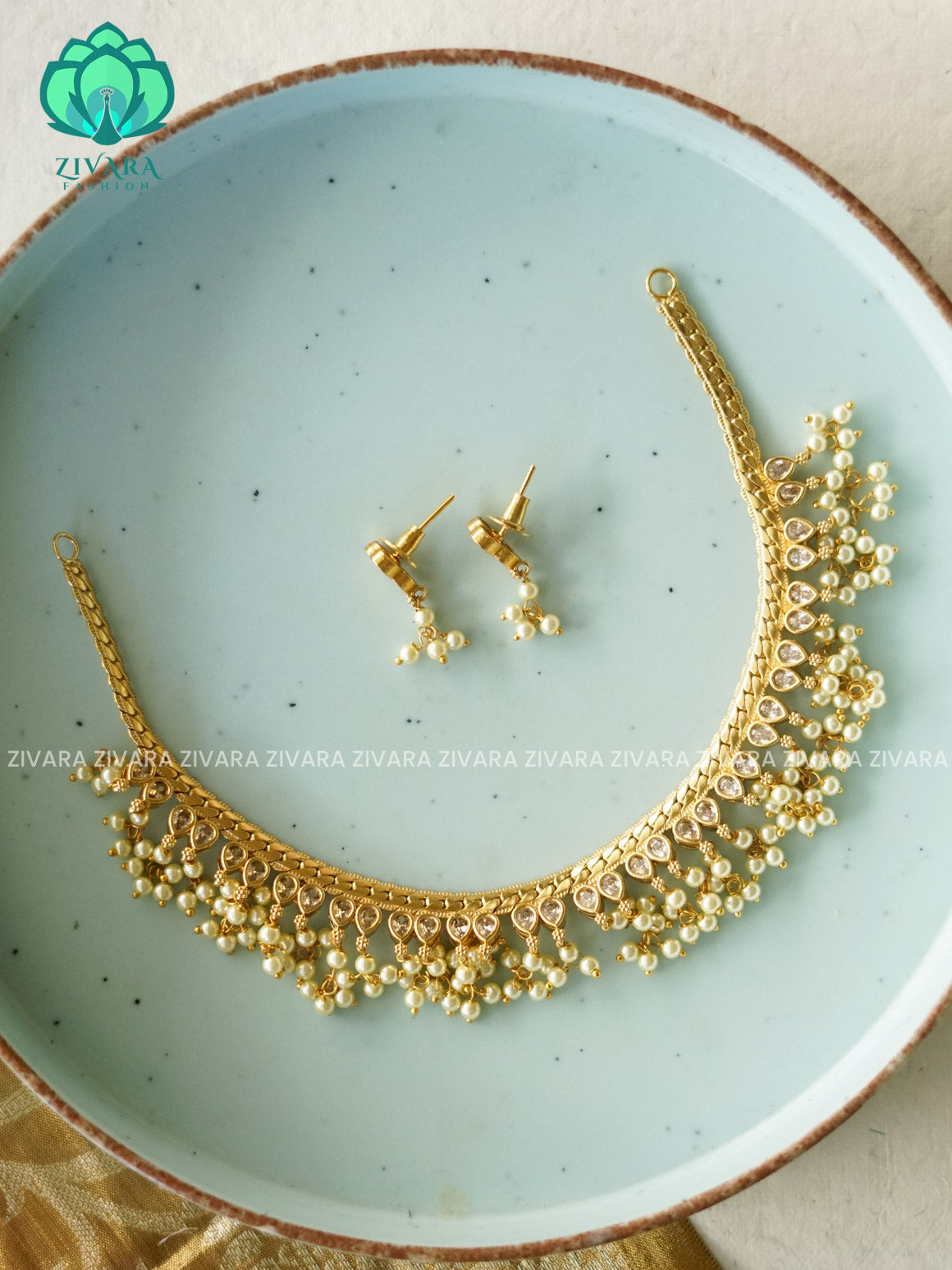 WHITE GUTTAPUSALU  NECK WEAR WITh EARRINGS   - Premium quality CZ Matte collection-south indian jewellery