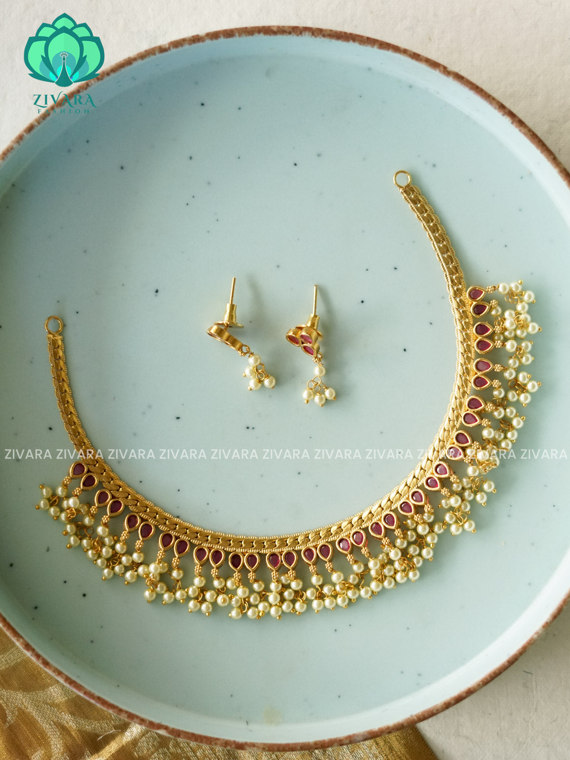 RUBY  GUTTAPUSALU  NECK WEAR WITh EARRINGS   - Premium quality CZ Matte collection-south indian jewellery