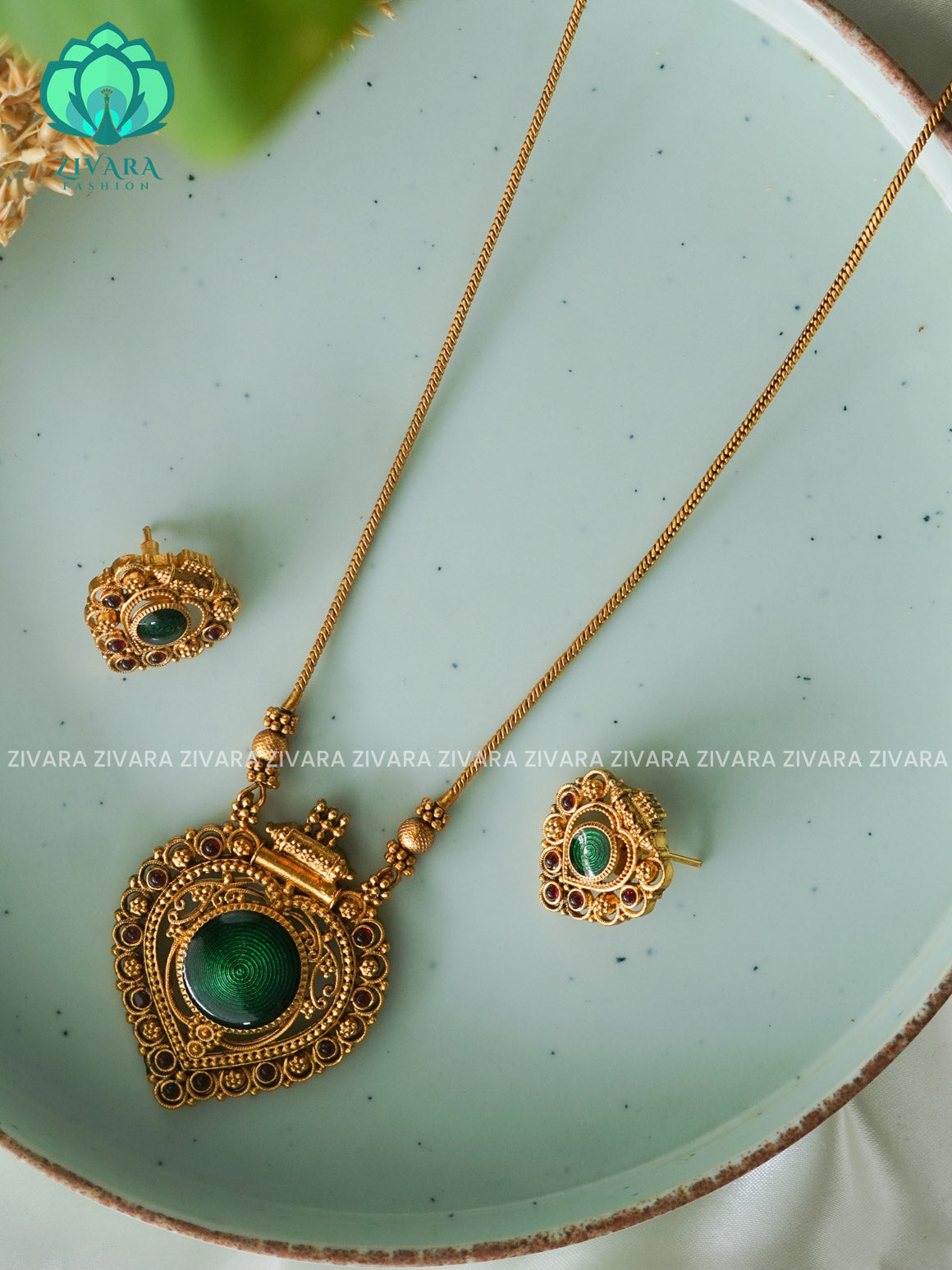 ANANYA SERIES -GREEN ENAMEL PALAKKA - Traditional south indian NORMAL MATTE neckwear with earrings- Zivara Fashion- latest jewellery design