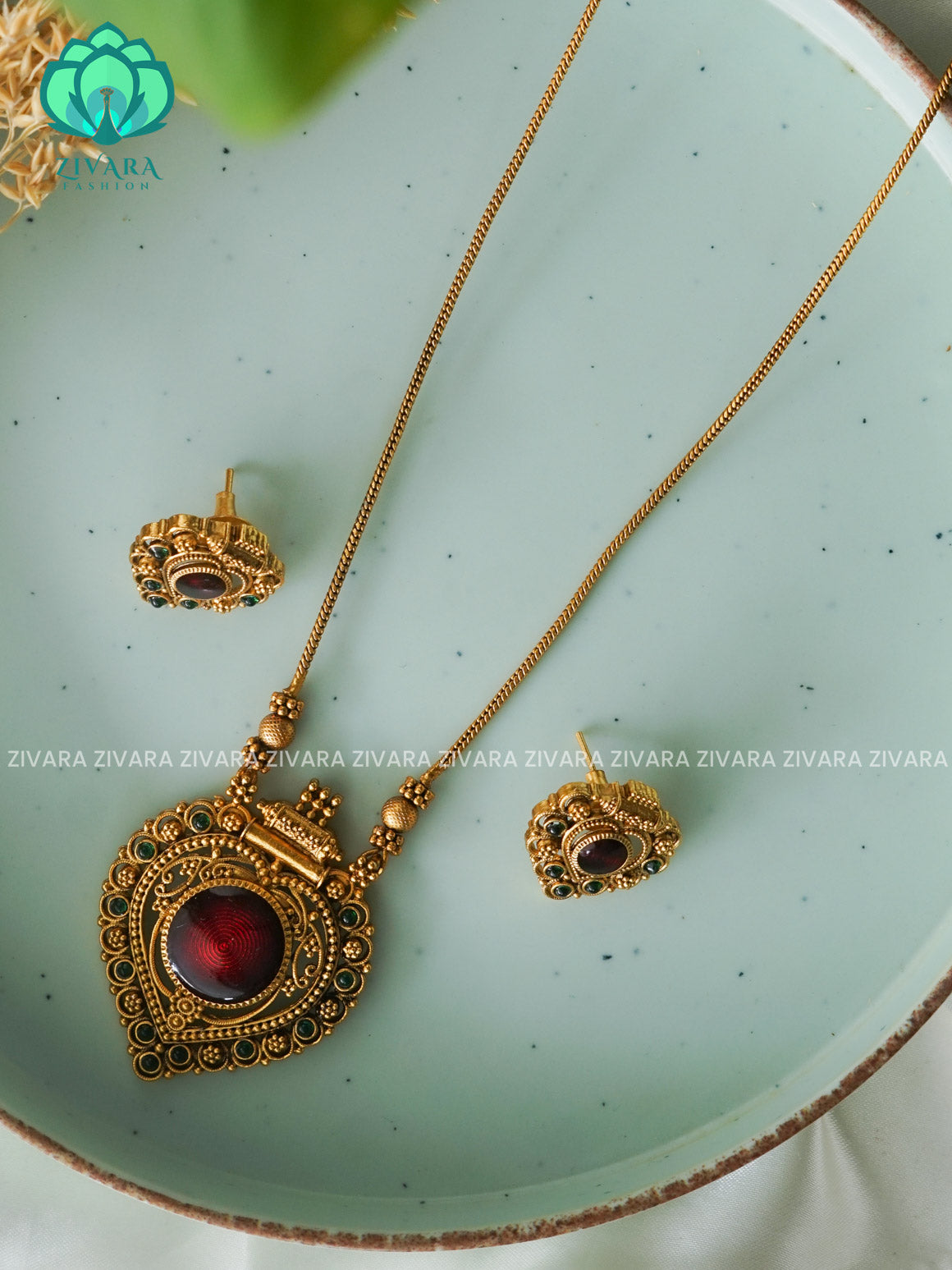 ANANYA SERIES - RUBY ENAMEL PALAKKA - Traditional south indian NORMAL MATTE neckwear with earrings- Zivara Fashion- latest jewellery desigN