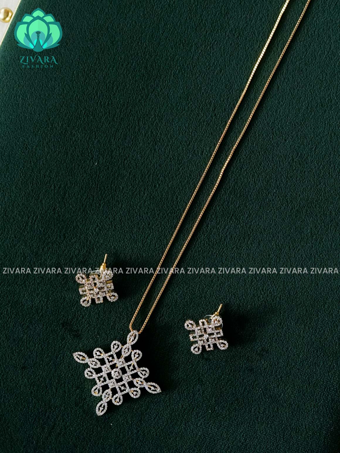 Zyra - Kolam - Diamond replica Rhodium polish-pendant set and earrings ( CHAIN COMPLIMENTARY)  -Trending office wear jewellery-Zivara fashion