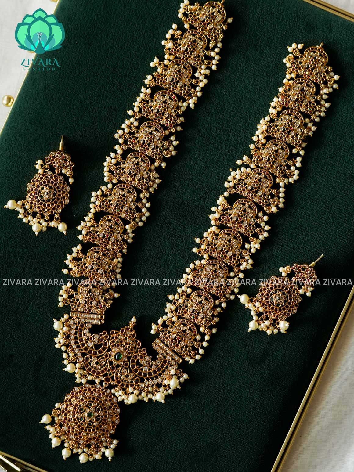 REAL KEMP PEACOCK NECKWEAR WITH HANGINGS - Traditional south indian premium neckwear with earrings- Zivara Fashion- latest jewellery design