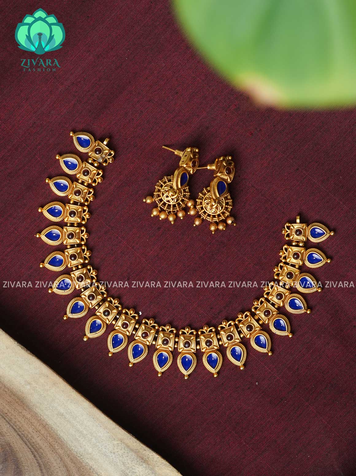 BLUE ENAMEL - Traditional south indian NORMAL MATTE PALLAKAD neckwear with earrings- Zivara Fashion- latest jewellery desigN