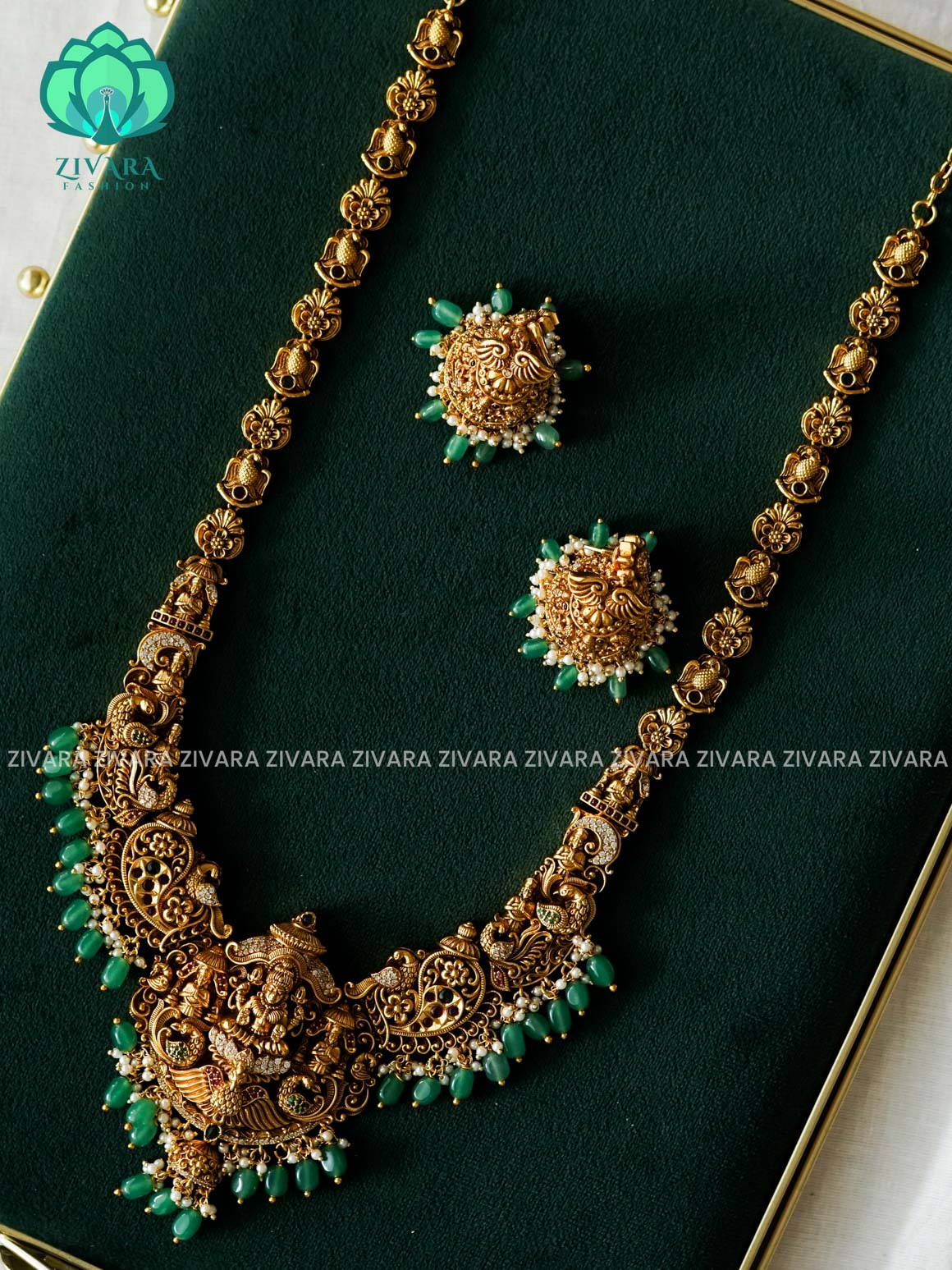 PEACOCK TEMPLE BRIDAL - Traditional PREMIUM MATTE polish MIDCHEST haaram/neckwear with earrings- Zivara Fashion