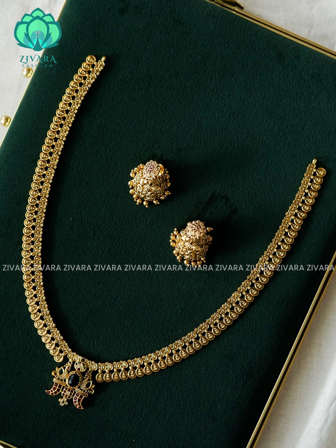 REAL KEMP STONE COIN WITH PEACOCK PENDANT -Traditional south indian premium neckwear with earrings- Zivara Fashion- latest jewellery design