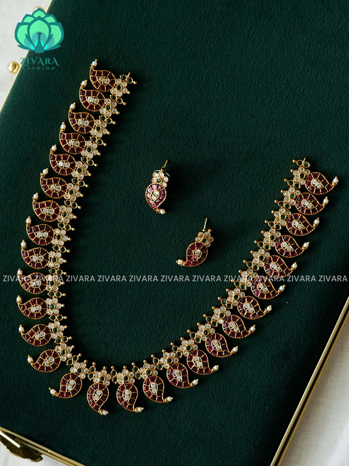MANGA MOTIF  - Traditional PREMIUM MATTE polish MIDCHEST haaram with earrings- Zivara Fashion