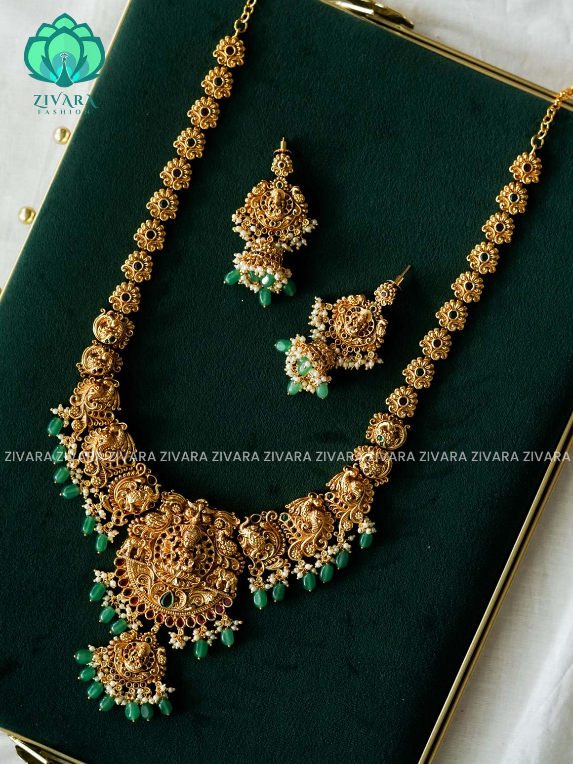 PEACOCK TEMPLE BRIDAL - Traditional PREMIUM  MIDCHEST haaram/neckwear with earrings- Zivara Fashion