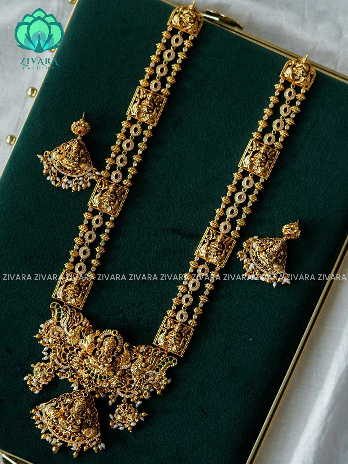 LAKSHMI TEMPLE  BRIDAL HAARAM  WITH HANGING GOLD BEADS - Traditional PREMIUM MATTE polish MIDCHEST haaram/neckwear with earrings- Zivara Fashion