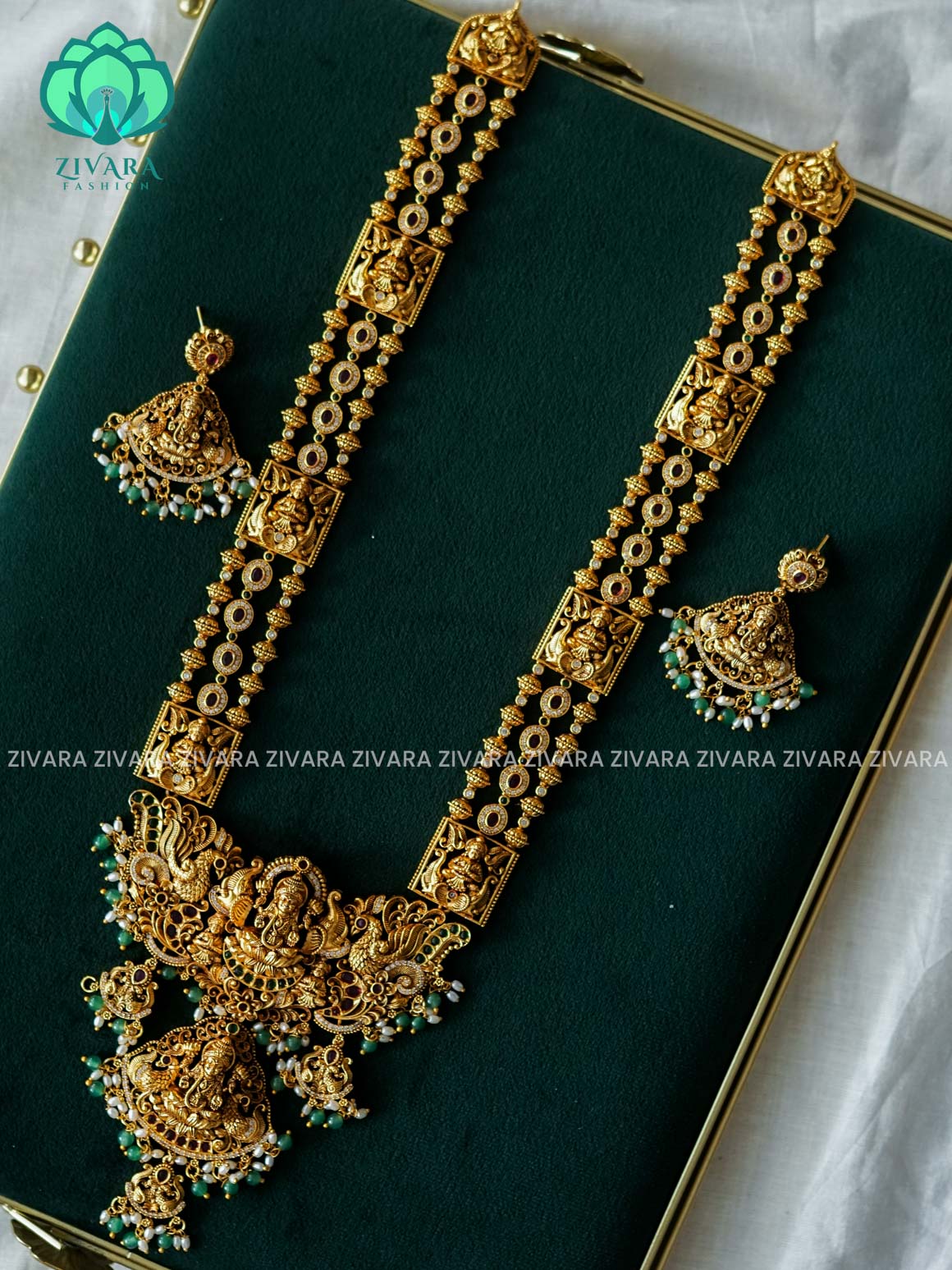 LAKSHMI TEMPLE  BRIDAL HAARAM  WITH HANGING GREEN BEADS - Traditional PREMIUM MATTE polish MIDCHEST haaram/neckwear with earrings- Zivara Fashion