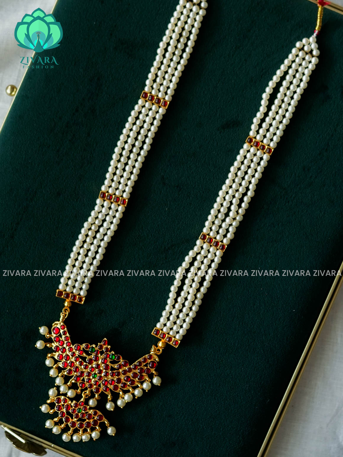 RED AND GREEN- RUKMANI- MOTIF HAARAM HANDMADE LONG NECKWEAR- latest kemp dance jewellery collection