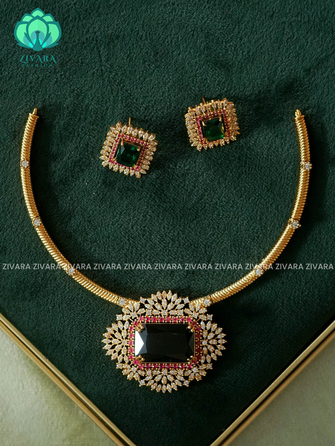 AKSHAYAM - GREEN BOX BRIDAL AD STONE HASLI NECKWEAR - premium neckwear with earrings- Zivara Fashion- latest jewellery design