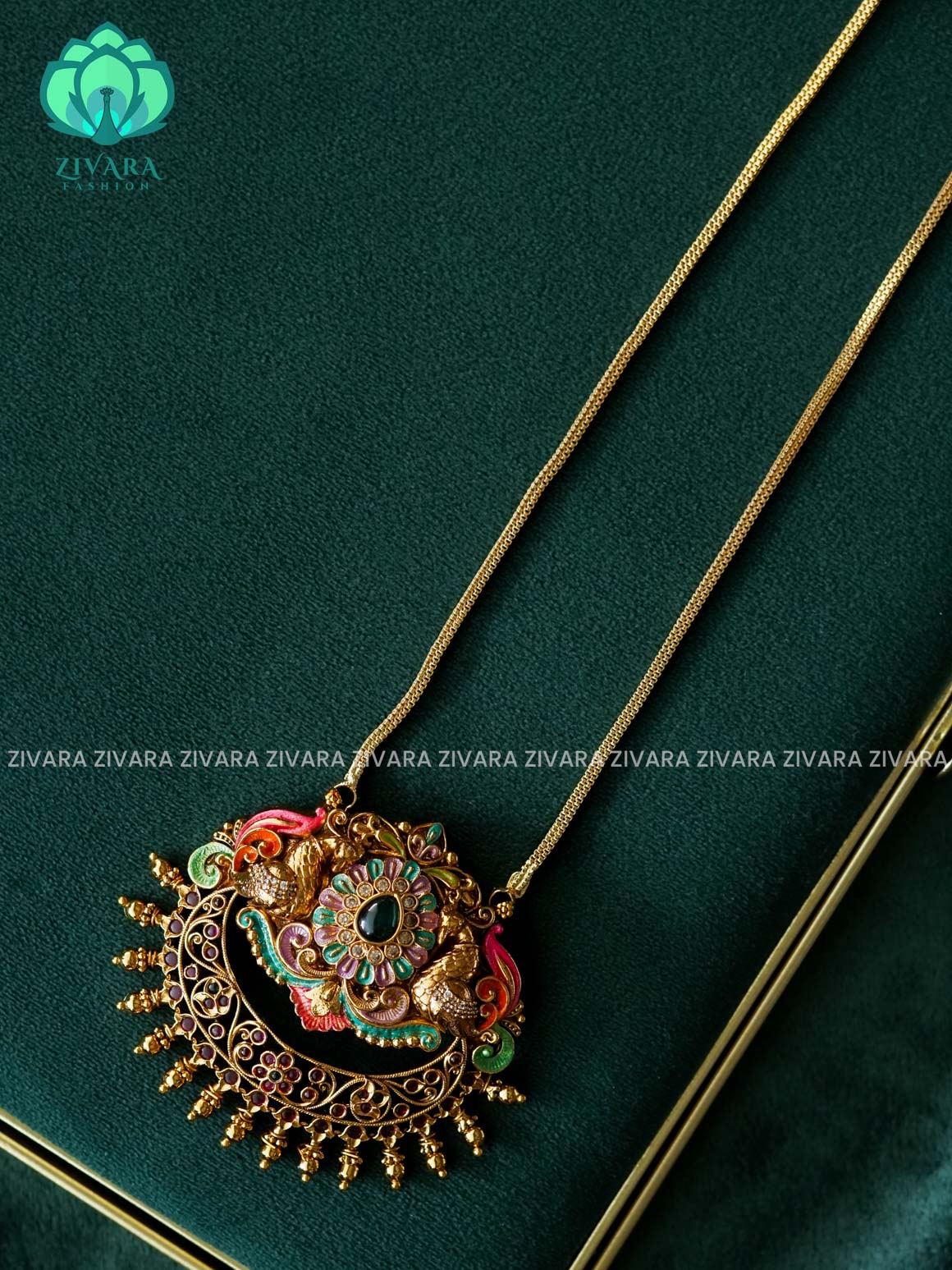 MADHURYA - VINTAGE TEMPLE PENDANT WITH CHAIN - Traditional PREMIUM MATTE polish MIDCHEST neckwear - Zivara Fashion