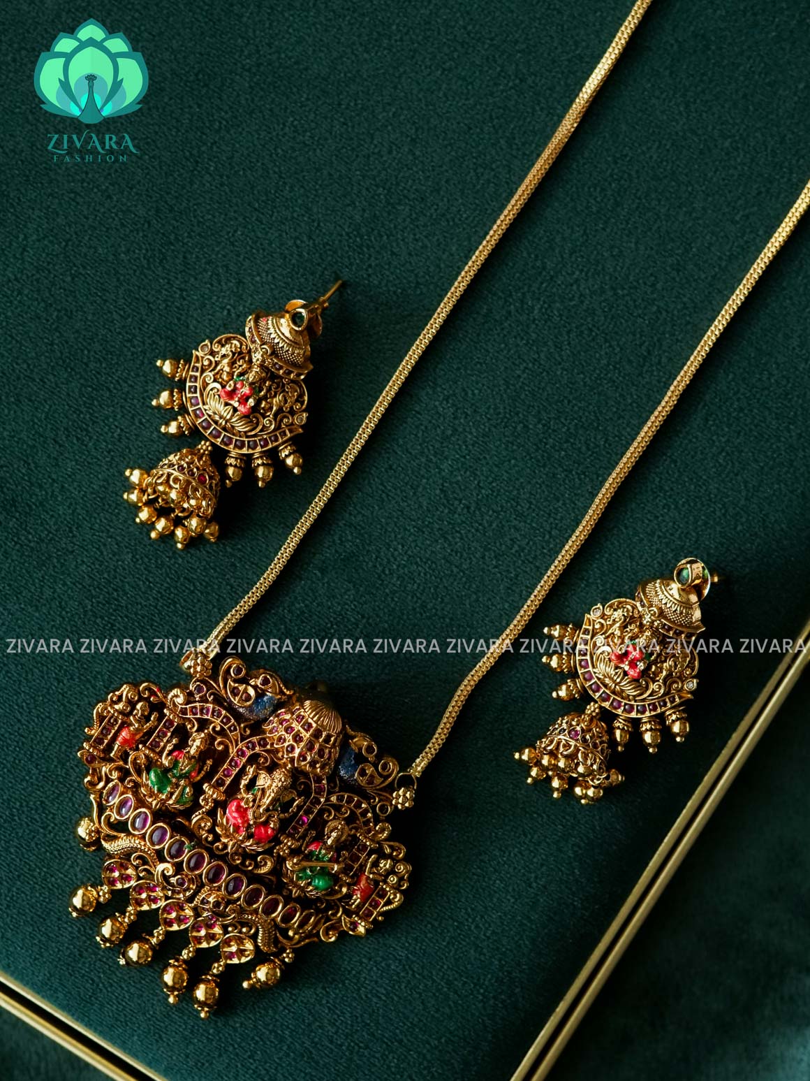 MADHURYA - VINTAGE TEMPLE PENDANT WITH CHAIN - Traditional PREMIUM MATTE polish MIDCHEST neckwear - Zivara Fashion