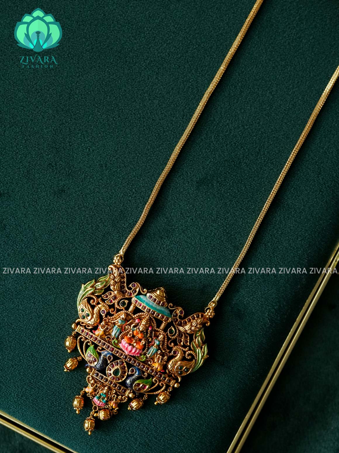 MADHURYA- LAKSHMI PEACOCK PENDANT - HAND PAINTED-VINTAGE TEMPLE PENDANT WITH CHAIN - Traditional PREMIUM MATTE polish MIDCHEST neckwear - Zivara Fashion