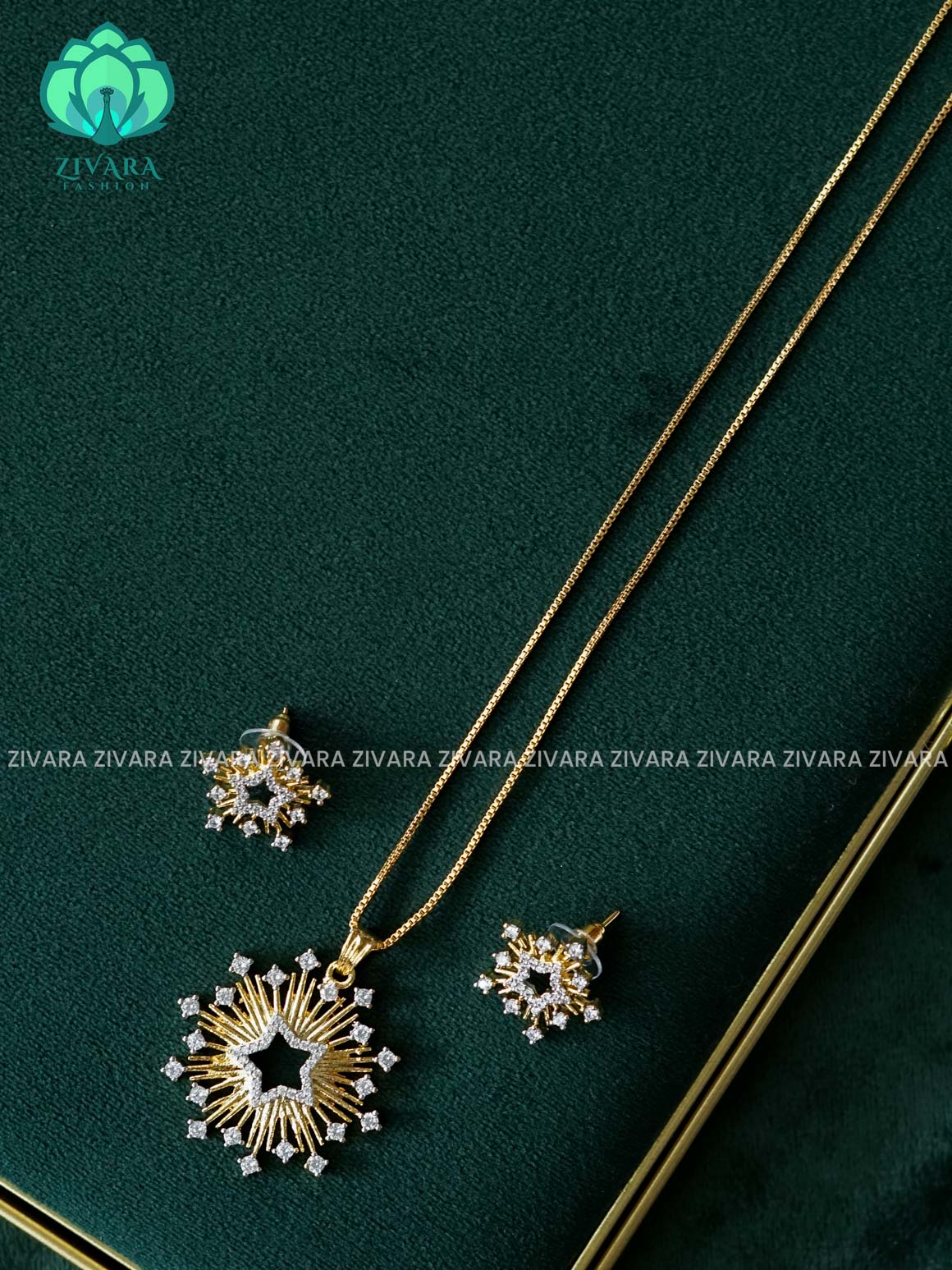 Zyra- Diamond replica matte polish-pendant set and earrings ( CHAIN COMPLIMENTARY)  -Trending office wear jewellery-Zivara fashion