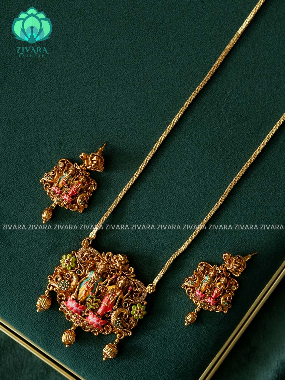 MADHURYA- LAKSHMI PEACOCK PENDANT - HAND PAINTED-VINTAGE TEMPLE PENDANT WITH CHAIN - Traditional PREMIUM MATTE polish MIDCHEST neckwear - Zivara Fashion