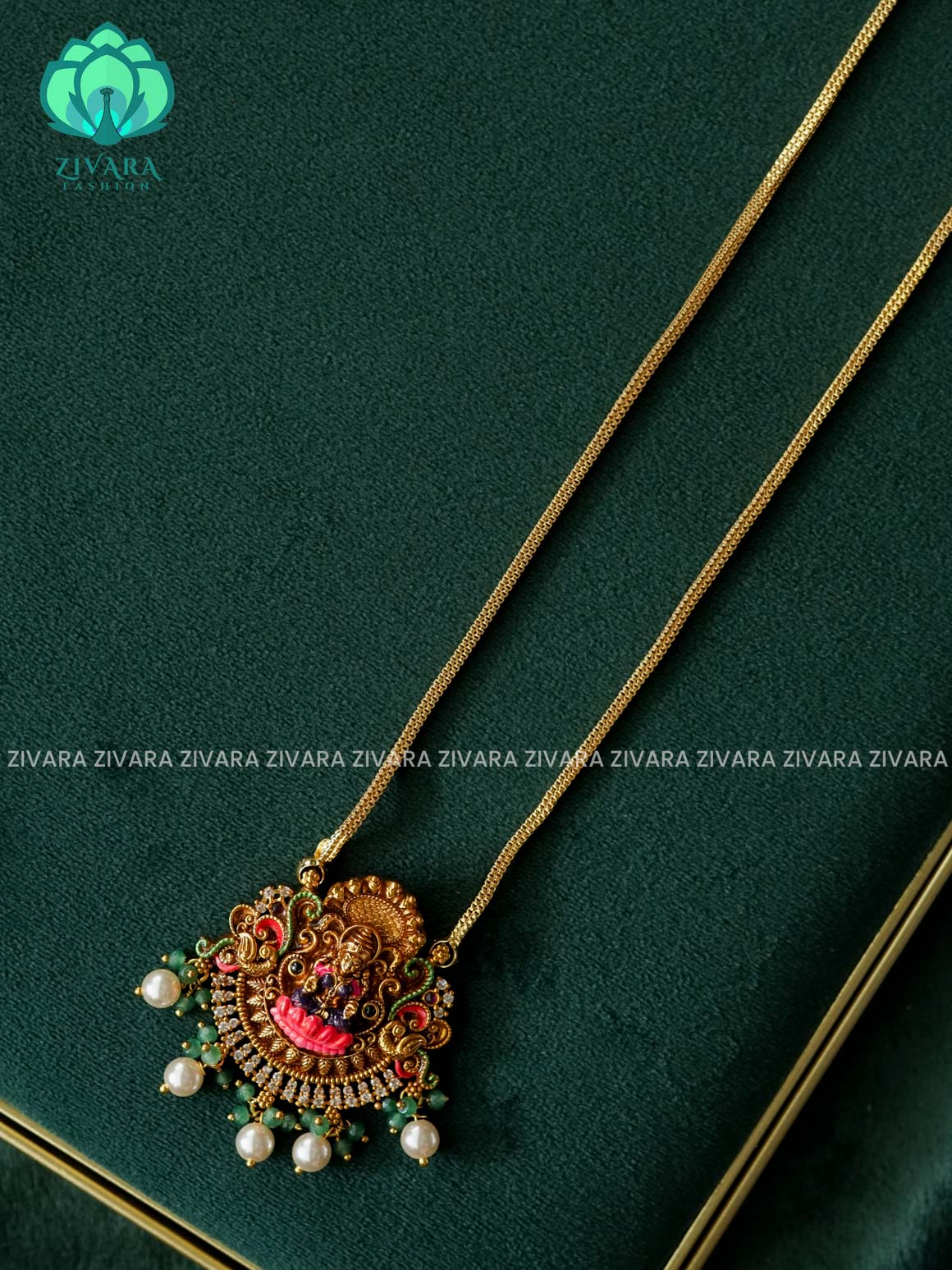 MADHURYA- LAKSHMI HAND PAINTED-VINTAGE TEMPLE PENDANT WITH CHAIN - Traditional PREMIUM MATTE polish MIDCHEST neckwear - Zivara Fashion