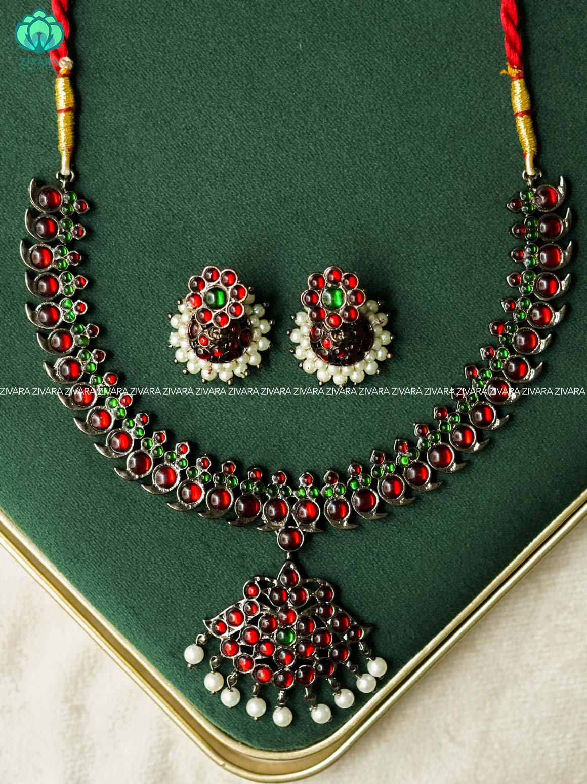 RED AND GREEN - madhuri- BLACK KEMP HANDMADE NECKWEAR with two line jhumka - latest kemp dance jewellery collection