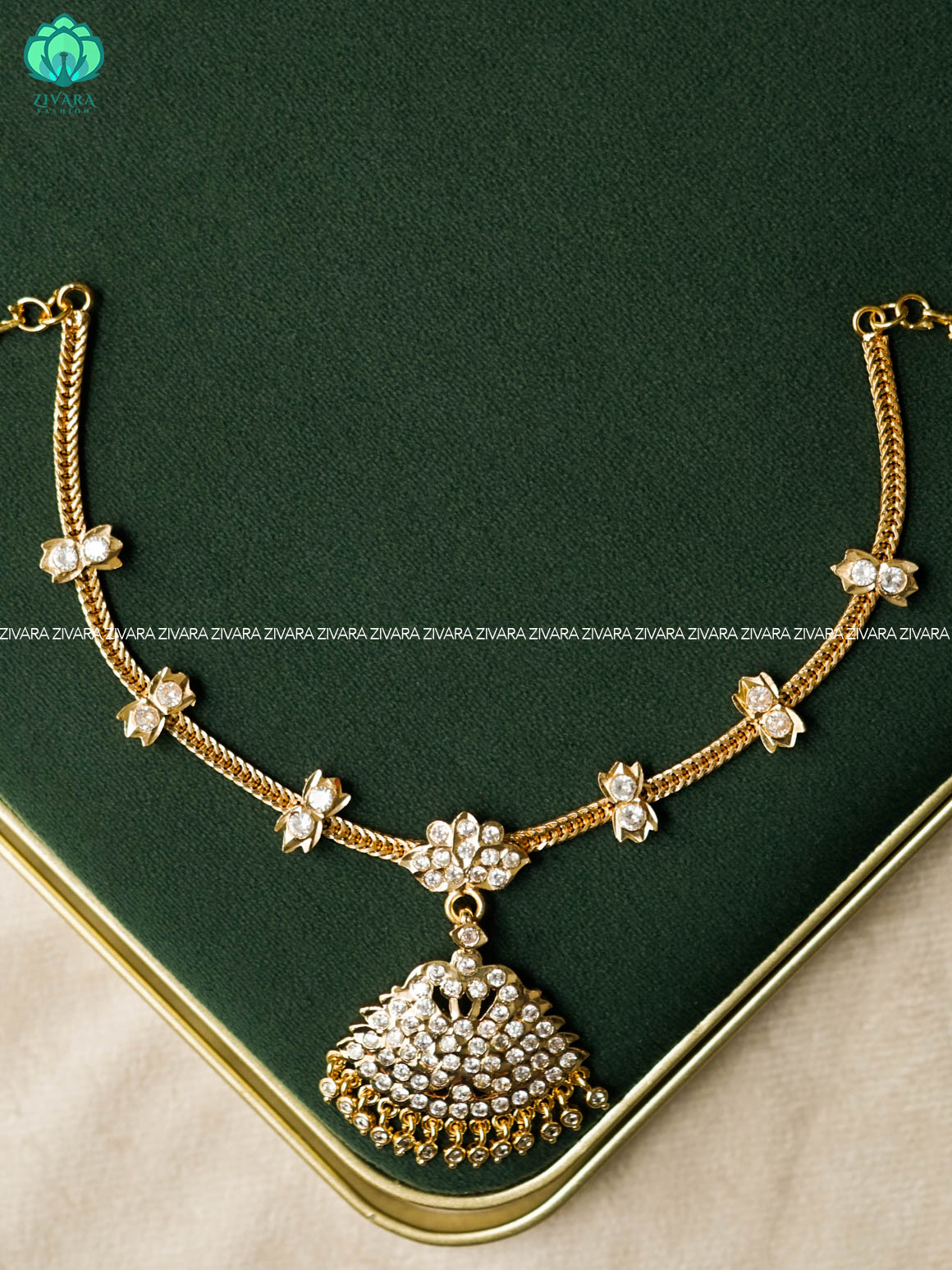 AMBIGAI- PEACOCK WHITE STONE MICROGOLD POLISH ATTIGAI - Zivara Fashion- latest jewellery design