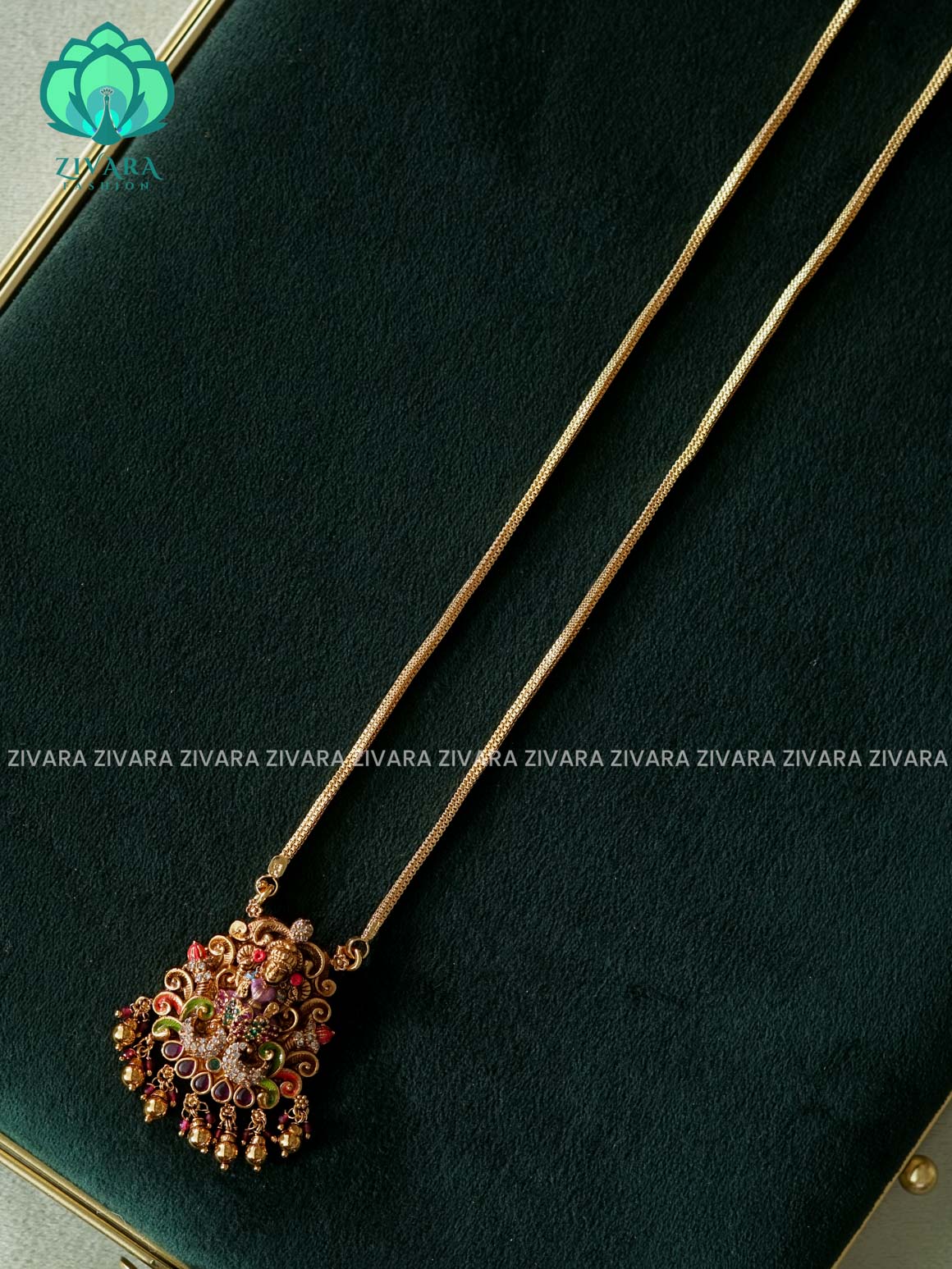 MADHURYA-HAND PAINTED-VINTAGE TEMPLE PENDANT WITH CHAIN - Traditional NORMAL MATTE polish MIDCHEST neckwear without earrings- Zivara Fashion