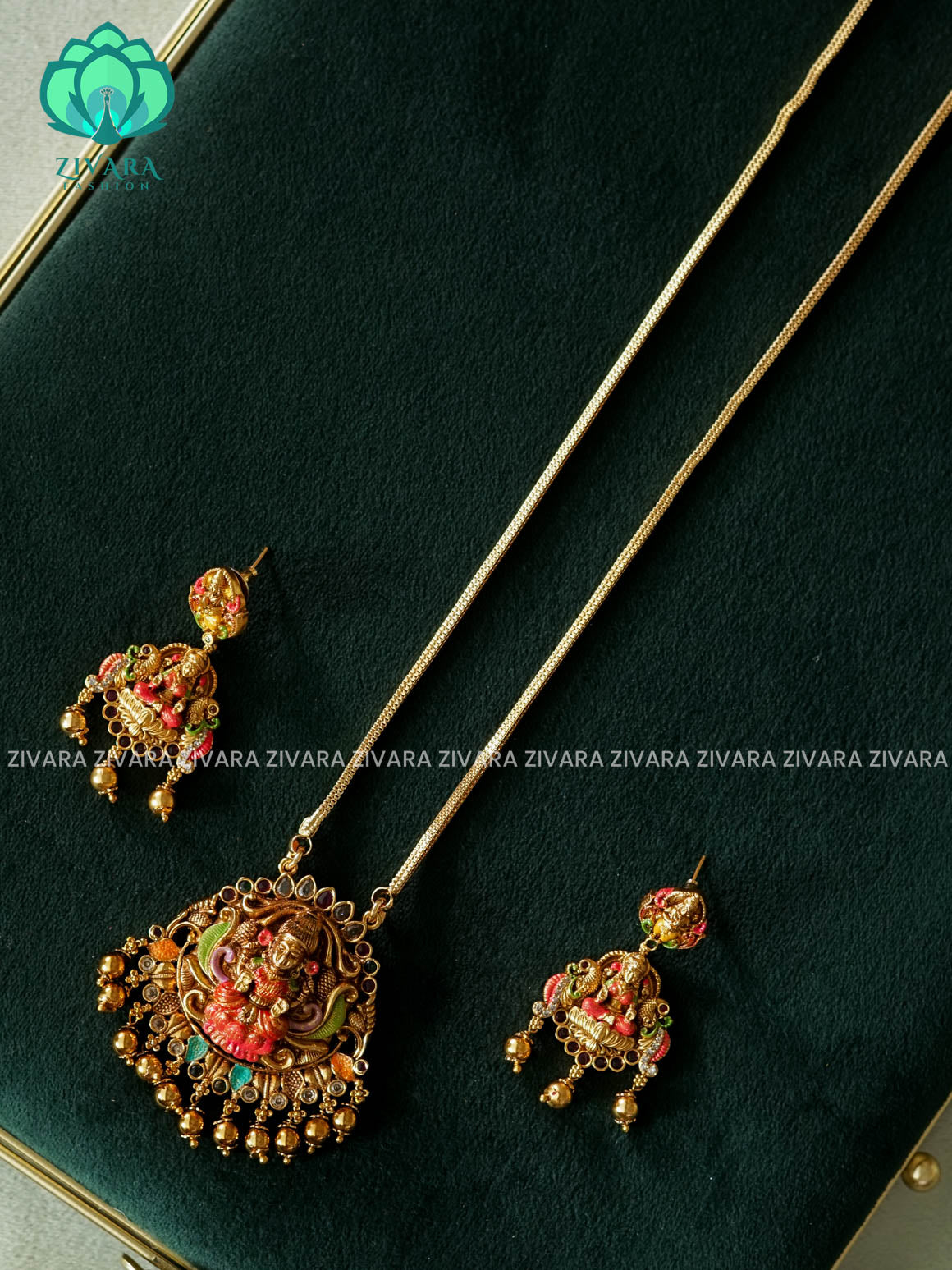 MADHURYA-HAND PAINTED-VINTAGE TEMPLE PENDANT WITH CHAIN - Traditional NORMAL MATTE polish MIDCHEST neckwear with earrings- Zivara Fashion