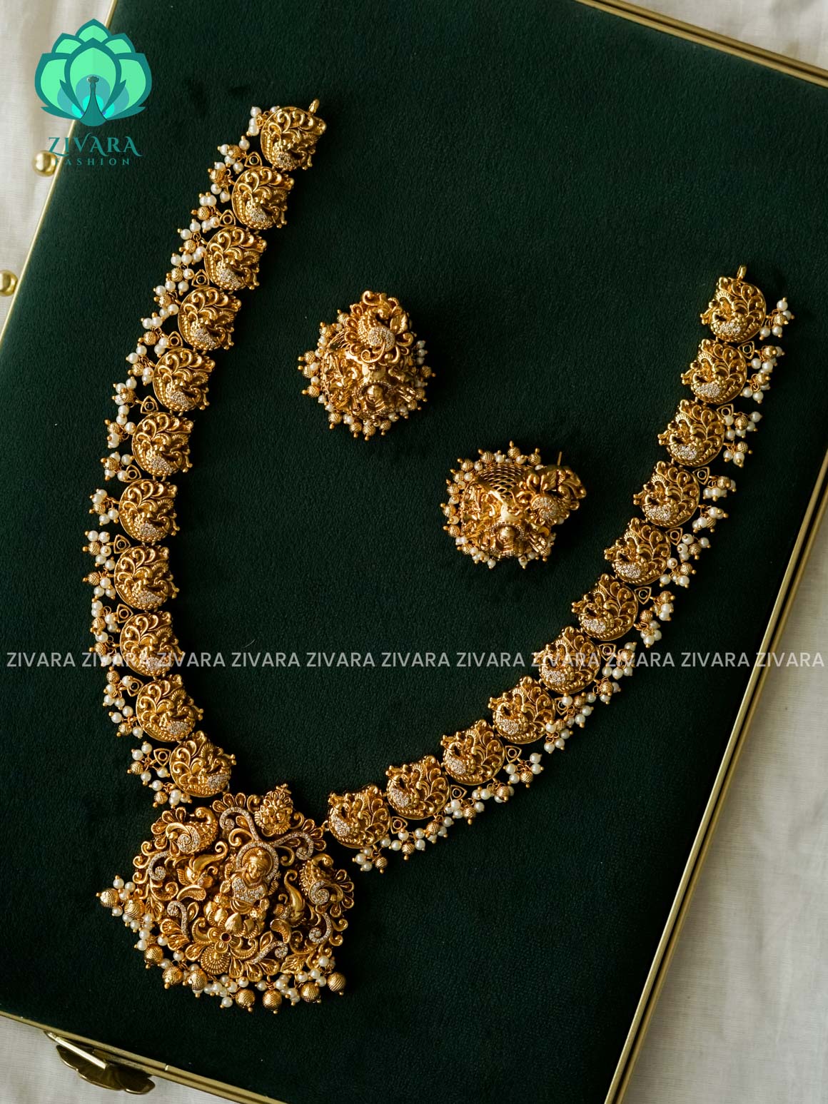 TEMPLE BRIDAL - Traditional PREMIUM MATTE polish MIDCHEST haaram/neckwear with earrings- Zivara Fashion
