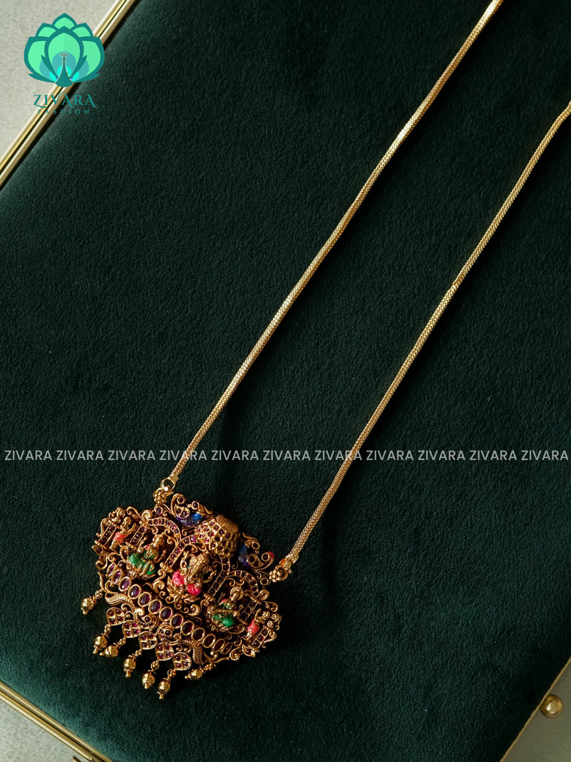 MADHURYA-HAND PAINTED-VINTAGE TEMPLE PENDANT WITH CHAIN - Traditional NORMAL MATTE polish MIDCHEST neckwear without earrings- Zivara Fashion