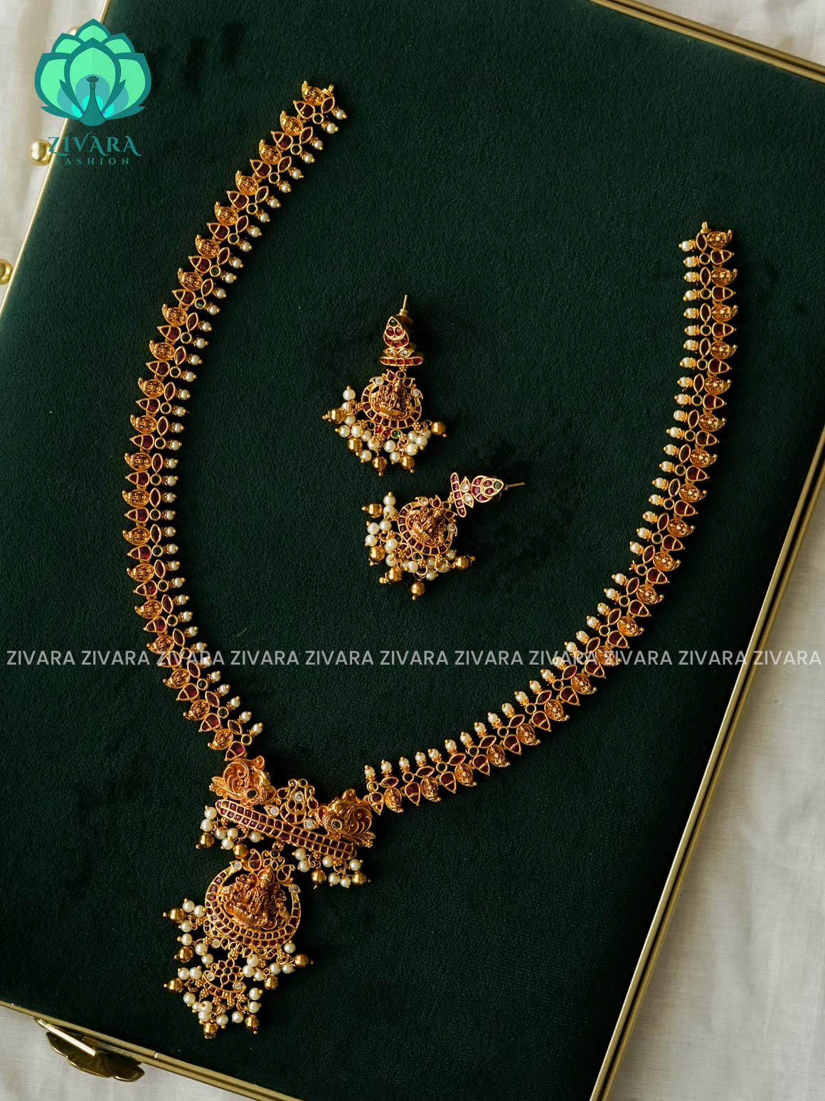 TEMPLE BRIDAL - Traditional PREMIUM MATTE polish MIDCHEST haaram/neckwear with earrings- Zivara Fashion