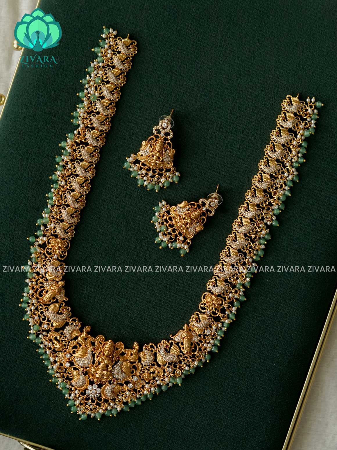 TEMPLE BRIDAL - Traditional PREMIUM MATTE polish MIDCHEST haaram/neckwear with earrings- Zivara Fashion