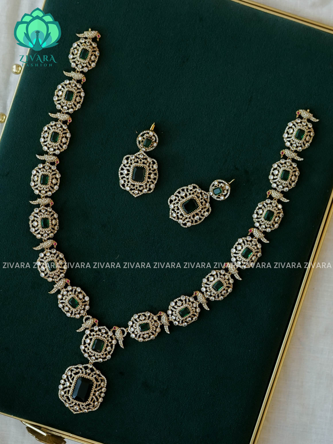 GREEN PARROT BRIDAL ELEGANT SUBTLE POLISH MIDCHEST  - BRIGHT FINISH Traditional MIDCHEST haaram/neckwear with earrings- Zivara fashion