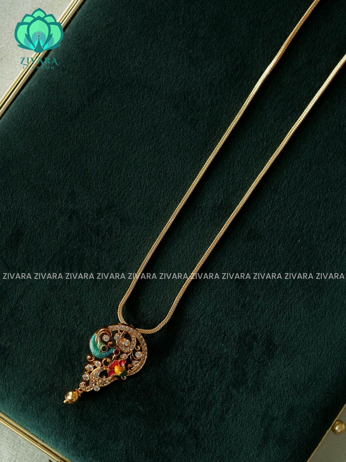 MADHURYA-HAND PAINTED-VINTAGE TEMPLE PENDANT WITH CHAIN - Traditional NORMAL MATTE polish MIDCHEST neckwear without earrings- Zivara Fashion